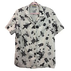 Linen Blend Shirt Women's 1X Abstract Print‎ Blouse Unique Turtle Buttons Artsy
